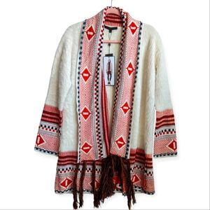 Max Sport Aztec Southwestern Fringe Sweater Cardigan Ivory/Orange sz Medium NWT